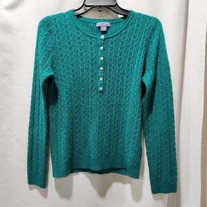 Laura Scott teal green henley button down pull over cable sweater
